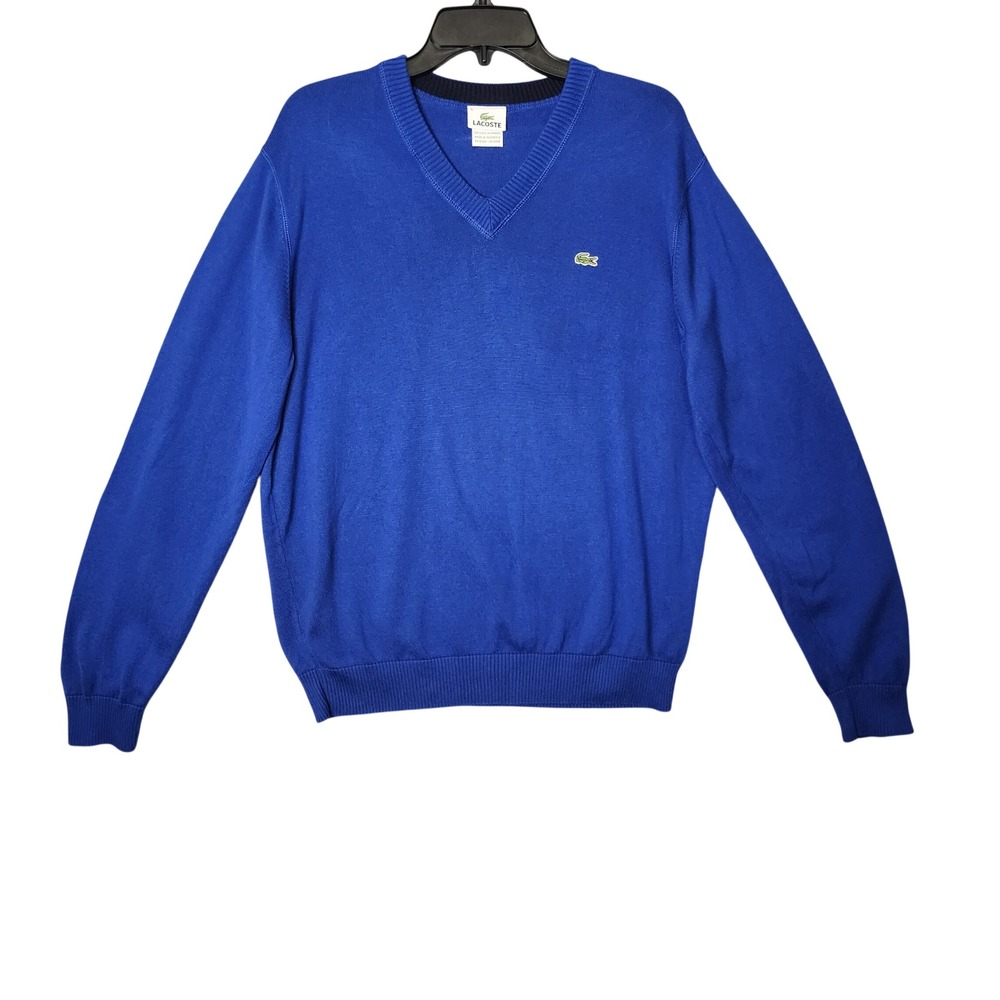 Lacoste V-Neck Sweater Mens 5 L Royal Blue Cotton Knit Logo Pullover F5178